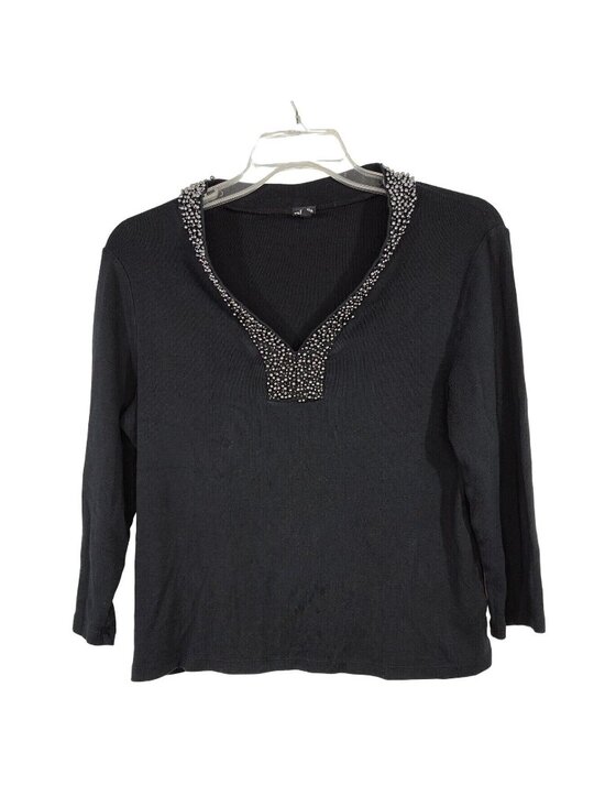 Rafaella Tops - Rafaella Beaded V-Neck Ribbed Knit Top Women Size XL Black Long Sleeve FLAW